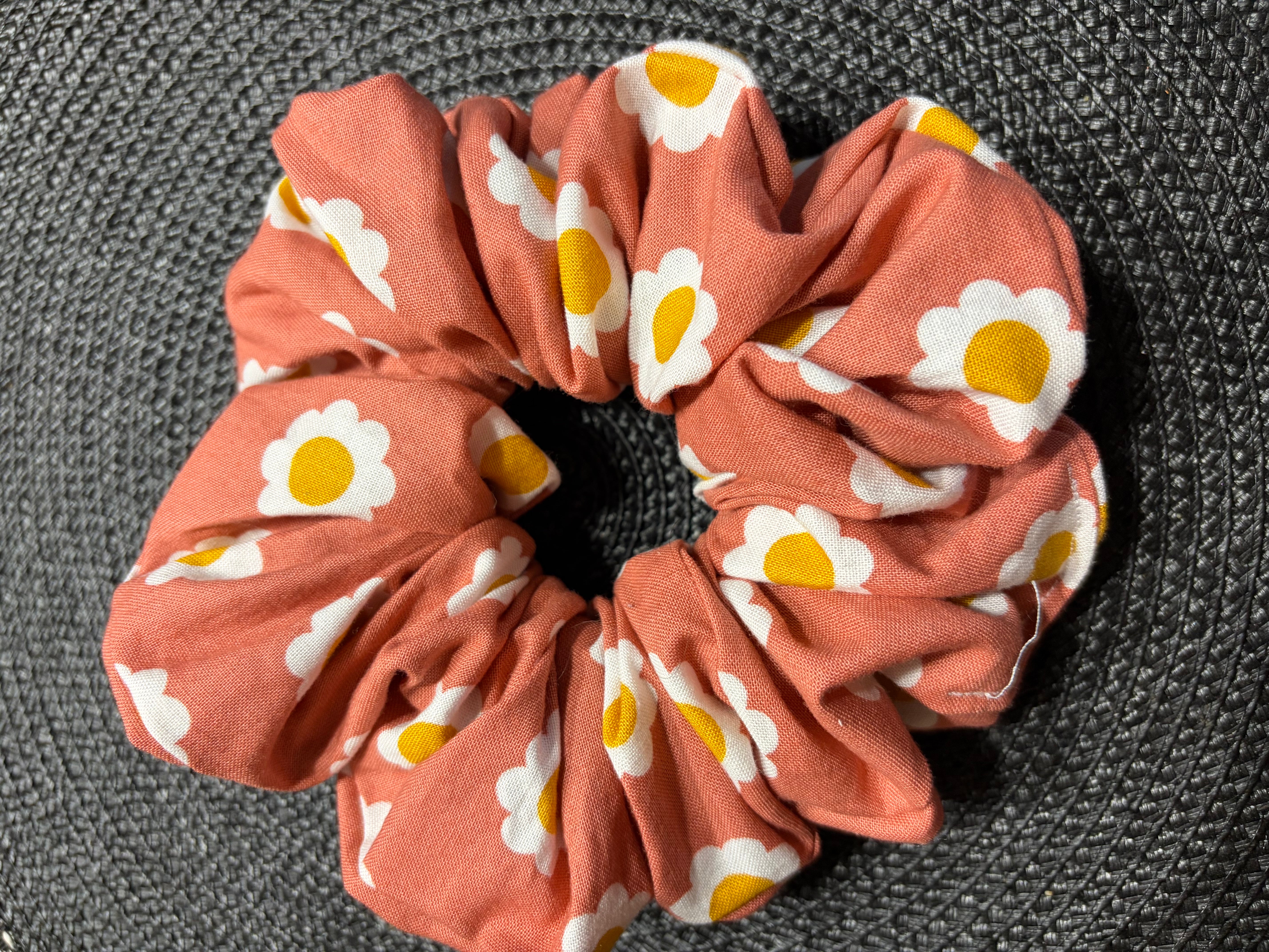 Coral white flowers large scrunchie